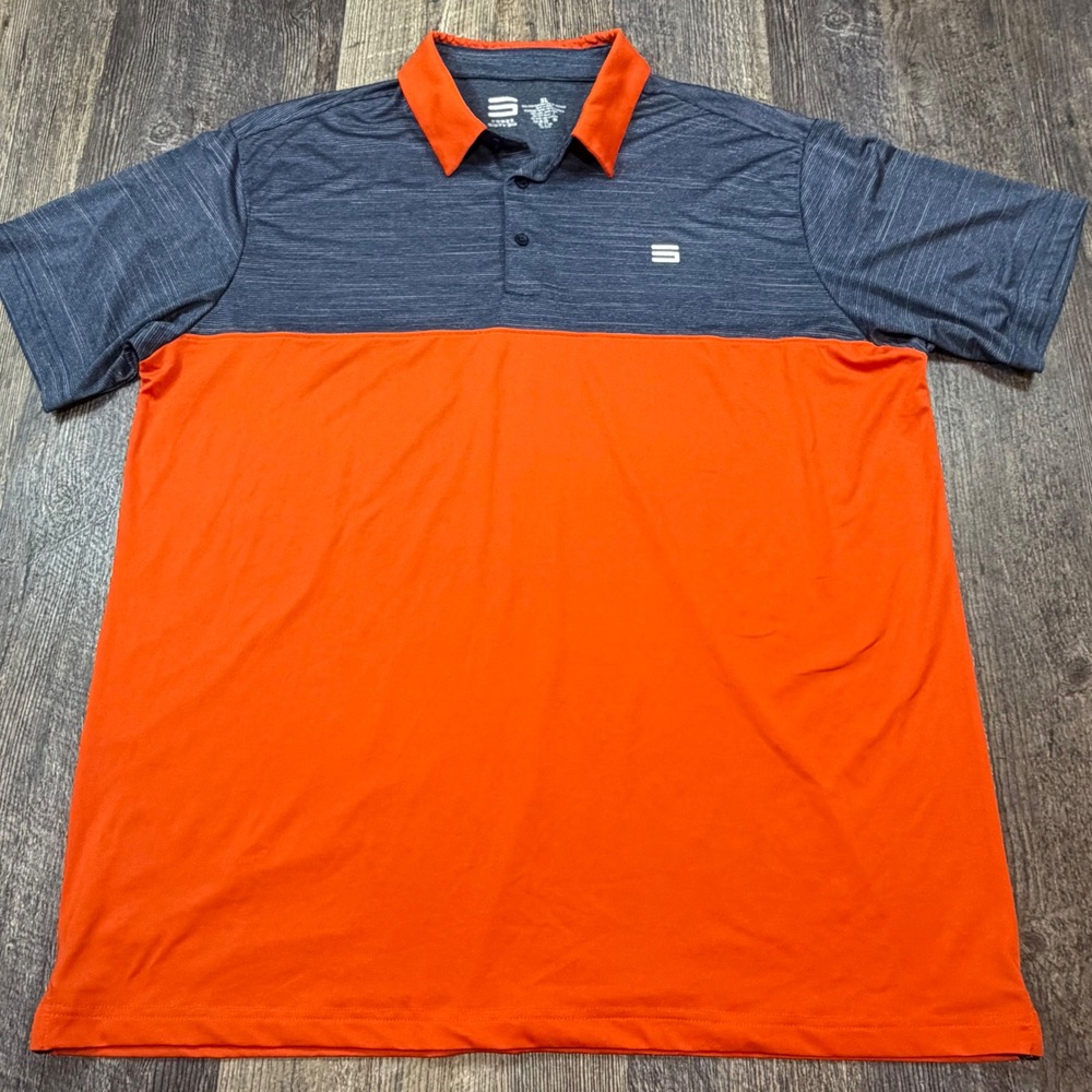 Three Sixty Six Mens XL Performance Polo Shirt Orange Navy Blue Colorblock Golf